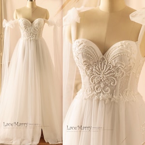 CALLIE / Bustier Style Wedding Dress with Gorgeous Embellishment, Tulle Off Shoulder Straps and Slit in Skirt, A Line Wedding Gown with Slit
