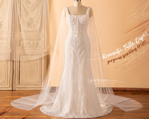 SHIRI / Sparkling Ivory Wedding Dress With Tulle Cape: Beaded Square  Neckline - Etsy