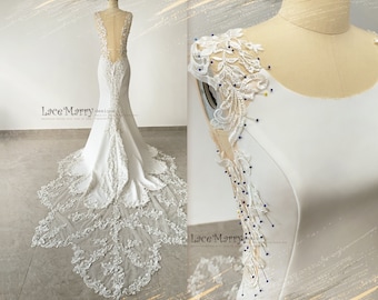 GEORGIA / Ivory Lace Train Wedding Dress: Illusion V-Back, Elegant Crepe
