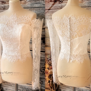NATALIA #1 / Off Shoulder Bridal Crop Top with Long Sleeves, Wedding Bolero with Sleeves, Lace Bolero, Bridal Lace Topper with Sleeves