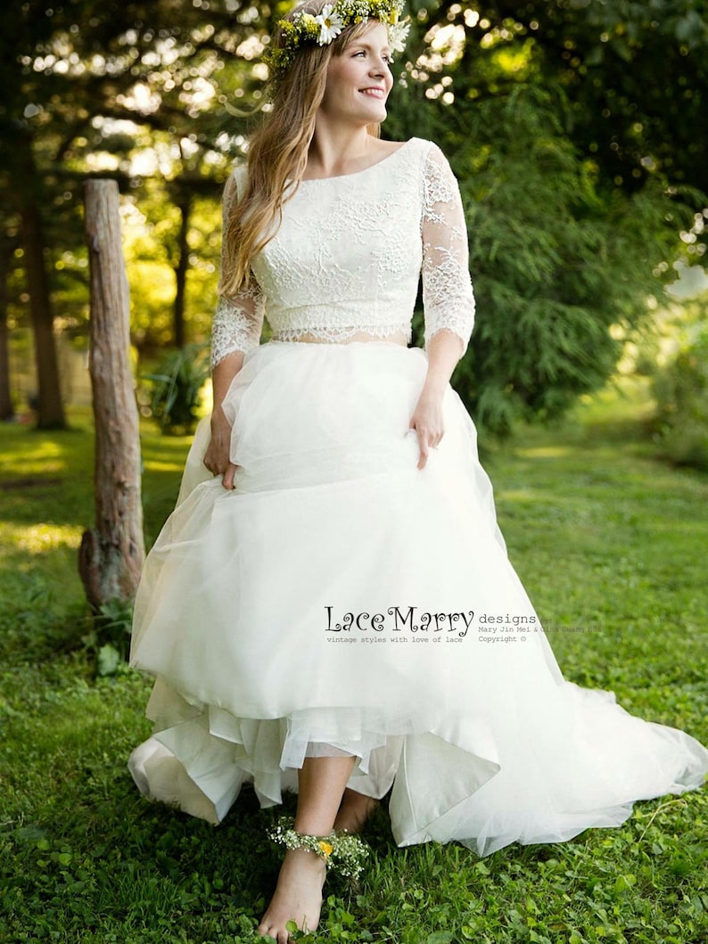 Two Piece Wedding Dress Set Lace Crop Top with Round Neckline and Elbow Sleeves 2 Piece Wedding Dress with Long Sleeves