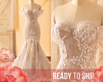 READY TO SHIP - Talia / Mermaid Wedding Dress with Strapless Bodice and Off Shoulder Sleeves, Fitted Lace Wedding Dress