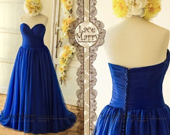 Royal Blue Wedding Dress from Folded Soft Tulle with Strapless Sweetheart Neckline, Buttons on the Back, Full Skirt and Sweep Train