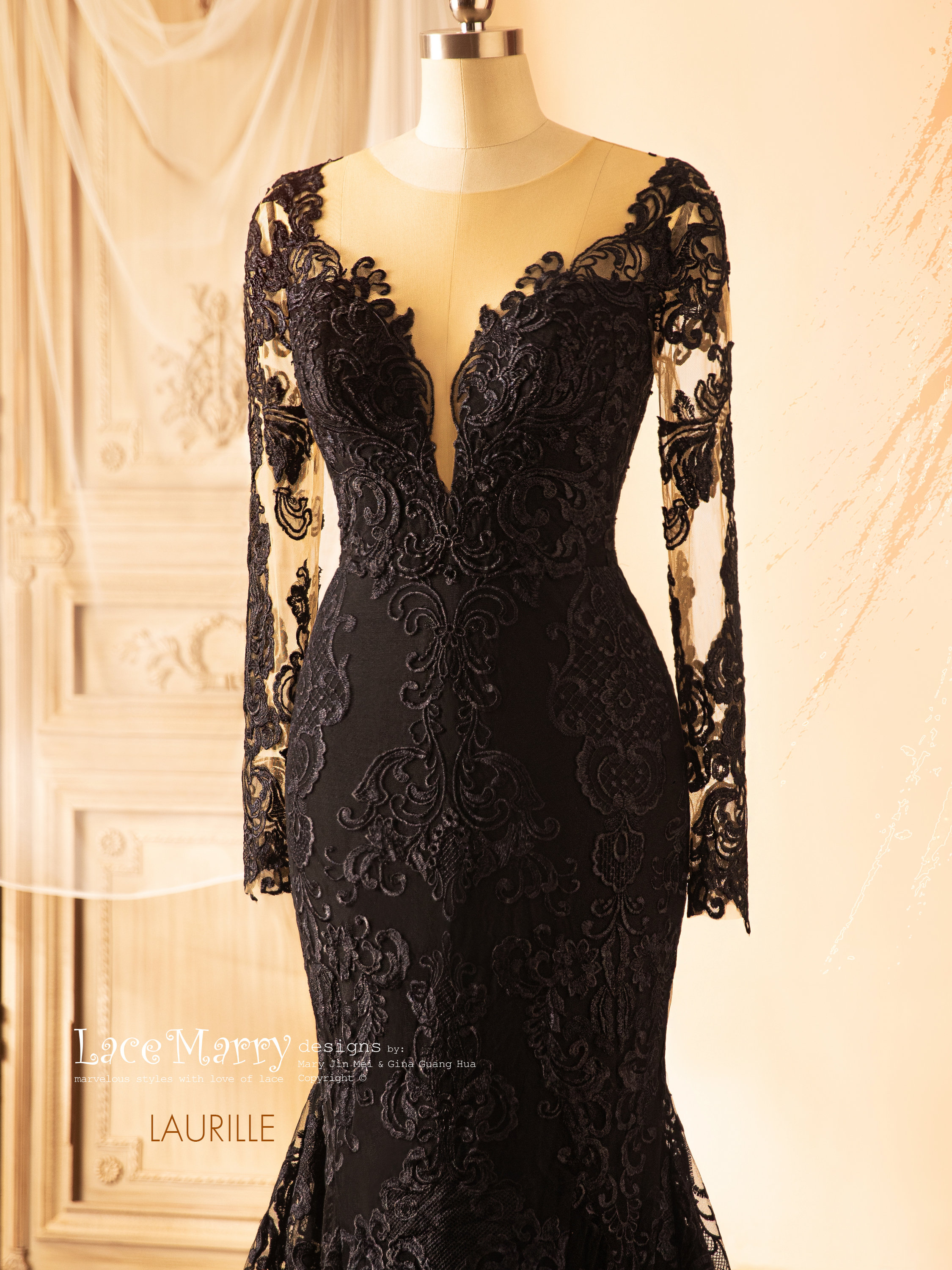 LAURILLE / Black Lace Wedding Dress: Long Sleeves, Gothic Fitted Gown