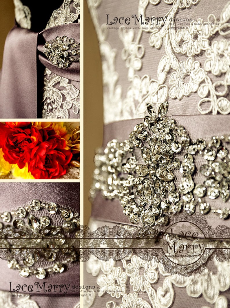 Vintage Inspired Bridal Beaded Sash Violette Splendid Handmade Rhinestone and Sequin Flower Beadwork Satin Sash to Tie on the Back