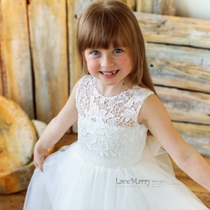 LANA / Vestido de niña de las flores de encaje marfil rústico, falda tutú de tul