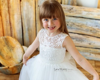 LANA / Rustic Ivory Lace Flower Girl Dress, Tulle Tutu Skirt