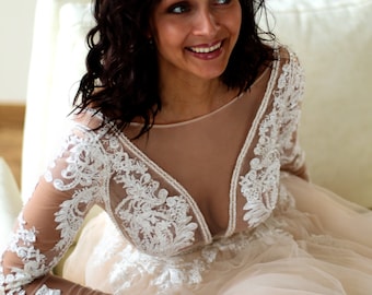 PERSEFONE / Long Lacy Sleeves Wedding Dress with Sexy Plunge Neckline and A Line Tulle Skirt, Sexy Wedding Dress, Tulle Wedding Dress