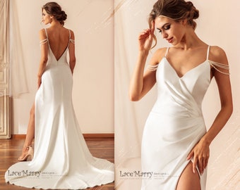 LAYNE / Plain Wedding Dress with Slit in the Skirt, Sexy Wedding Dress with Deep V Back, Wedding Dress with Pearl Off Shoulder Straps