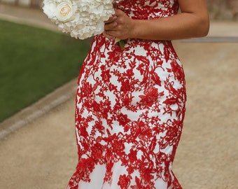 Red Lace Wedding Dress, Ivory Tulle Mermaid Gown