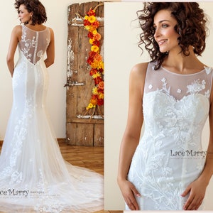 Fit and Flare Wedding Dress with Amazing Beaded Floral Applique, Beach Wedding Dress, Light Wedding Dress, Fitted Custom Wedding Dress