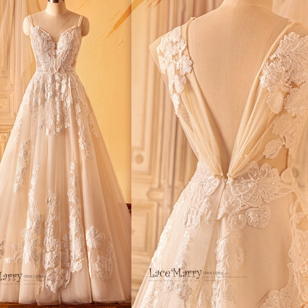 MARPESIA / Lace Wedding Dress with Beading and Plunge Neckline, A Line Wedding Dress, Boho Wedding Dress, Custom Made Wedding Dress