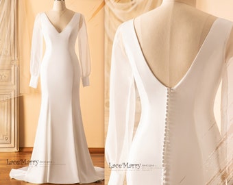 CLEMENTINE LUX / Elegant Ivory Wedding Dress: Sheer Organza Sleeves, Minimalist Bridal Gown