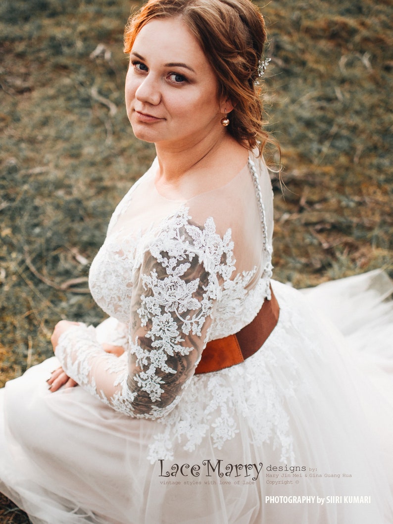 Beautiful Boho Style Wedding Dress with Long Lace Sleeves Featuring Illusion Neckline and Back with Buttons Through and Airy Tulle Skirt image 4