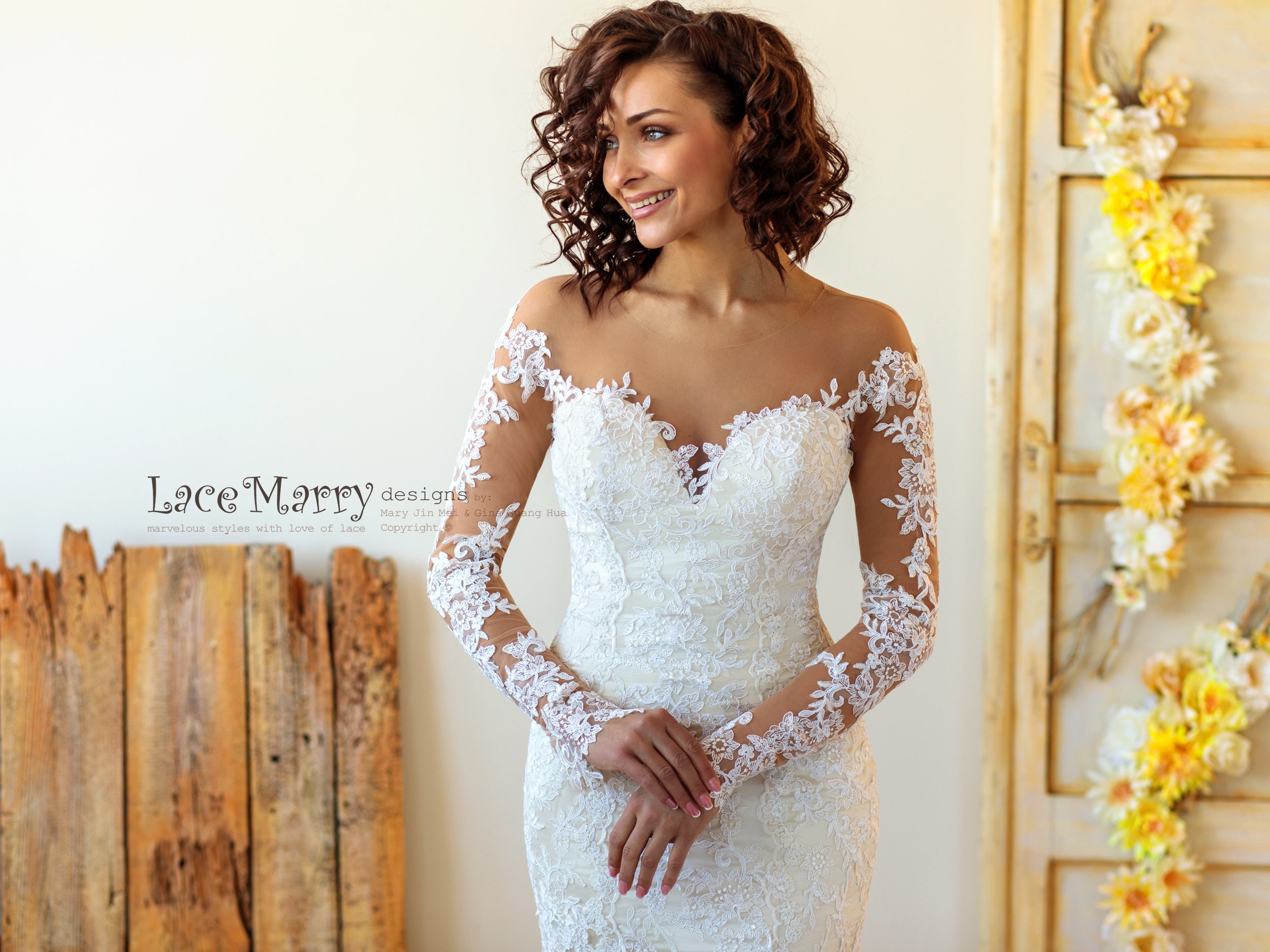 Exquisite Long Lace Sleeves Design Wedding Dress With Light