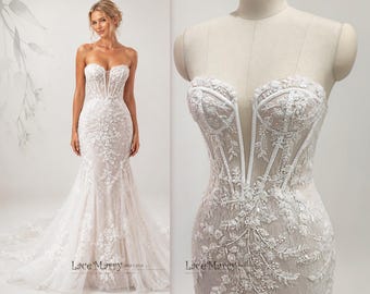 FREIDA / Beaded Strapless Wedding Dress with Sheer Lace Corset Bodice and Detachable Off Shoulder Sleeves, Sparkling Mermaid Wedding Dress