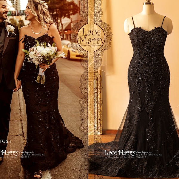 ELI / Sparkling Black Wedding Dress with Long Train, Black Lace Wedding Dress with Beading, Gothic Wedding Dress, Plus Size Wedding Dress