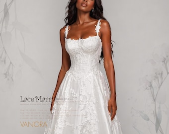 VANORA / A Line Satin Wedding Dress with Cat Eye Neckline and Flower Applique Decoration