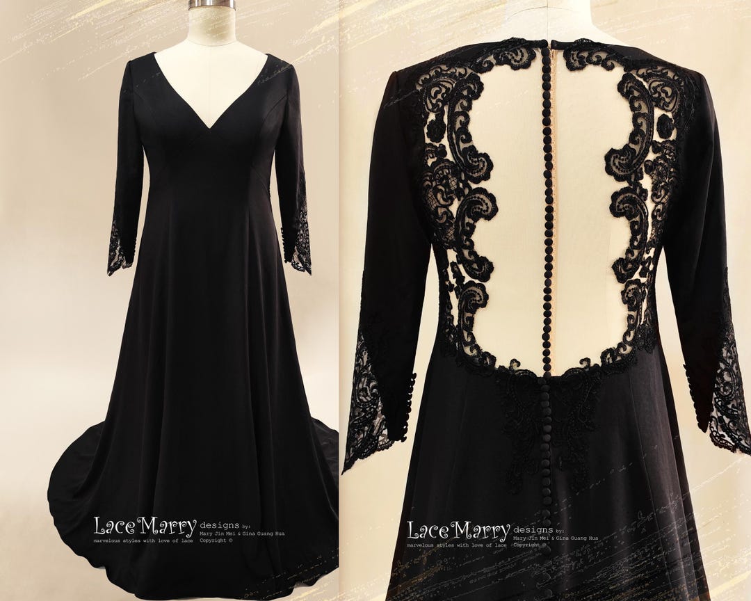 MARISABEL / Black Lace Wedding Dress: V Neck A-line Gothic Bridal Gown ...