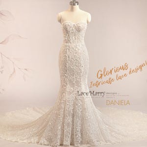DANIELA / Mermaid Wedding Dress with Whole Intricate Lace Overlay and Cathedral Train, Strapless Wedding Dress with Removable Sleeves