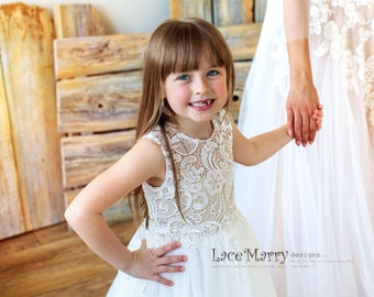 LANA / Ivory Lace Flower Girl Dress, Champagne Tulle Skirt, Rustic Wedding