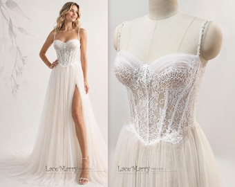 MARIGOLD / Sweetheart Corset Wedding Dress with Basque Waist and Beaded Straps