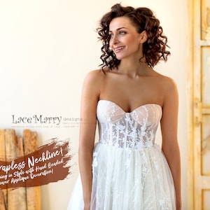 Sexy Strapless Wedding Dress With Amazing Lace Pattern A Line Skirt