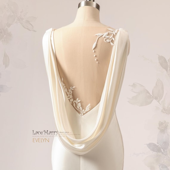 EVELYN / Ivory Satin Wedding Dress: Simple Boat Neckline, Illusion Back