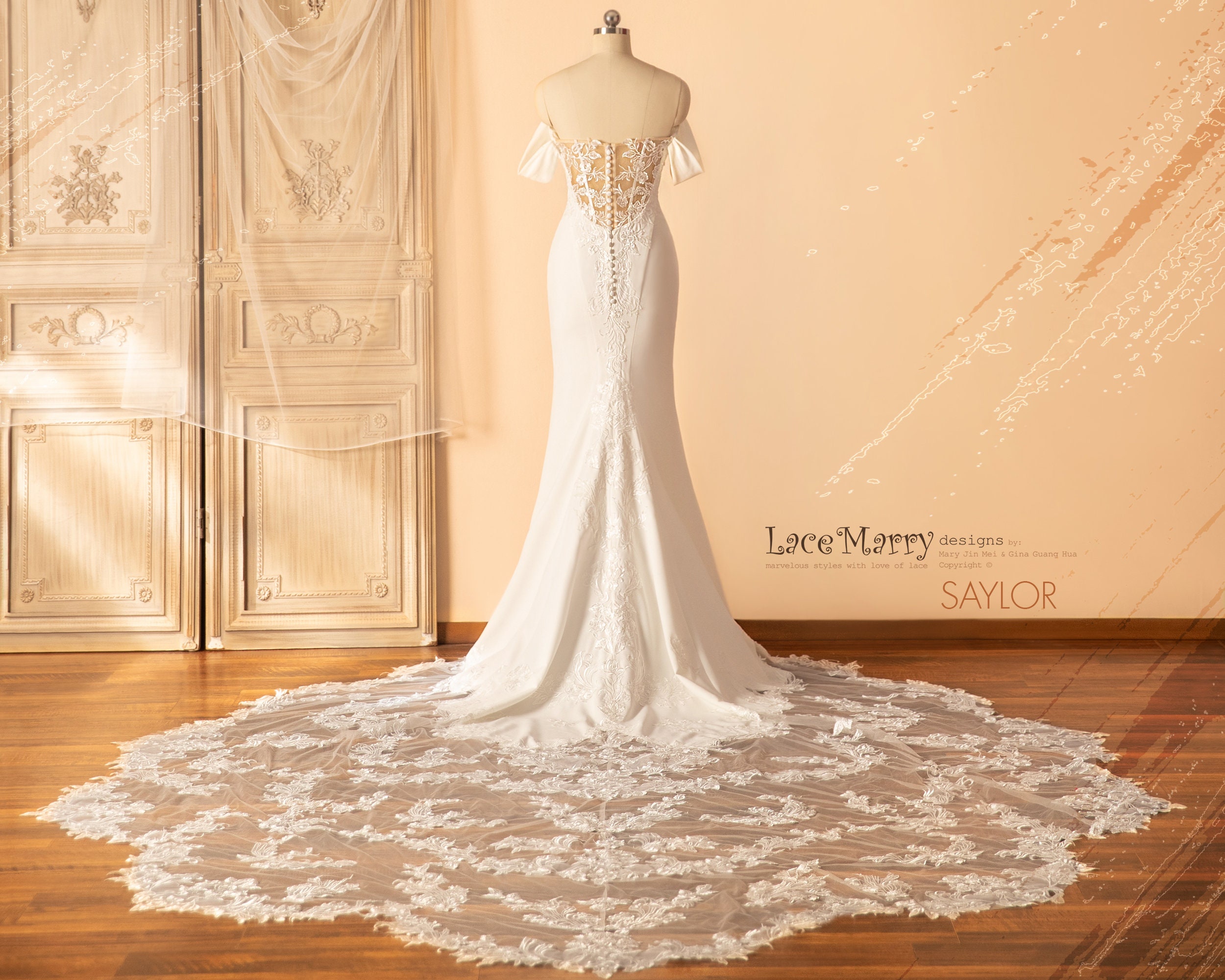 SAYLOR / off Shoulder Wedding Dress: Long Lace Train, Ivory Satin - Etsy  Denmark
