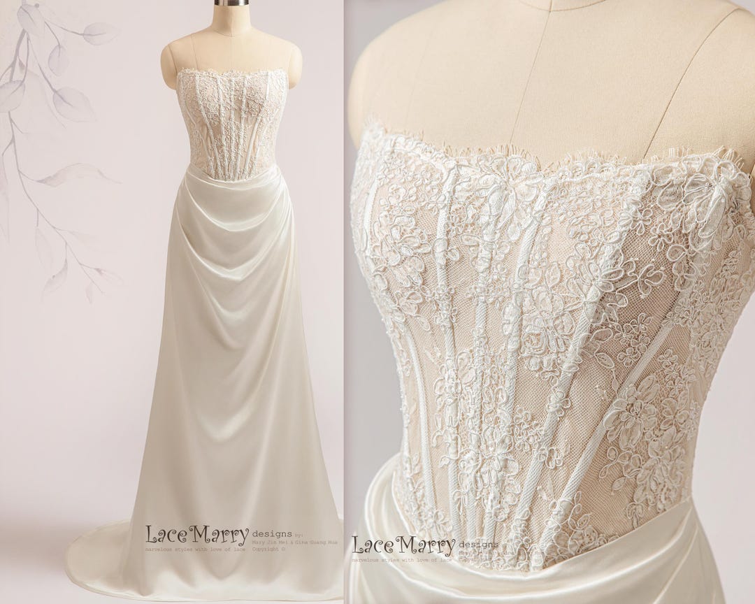 BETHANY / Lace Bodice Satin Wedding Dress: Basque Waist Ivory Gown - Etsy