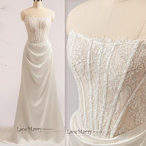 BETHANY / Baskische Taille Brautkleid mit Knochen, Mieder, Satin Brautkleid, Schlichtes Brautkleid mit Spitzenmieder, Minimalistisches Kleid