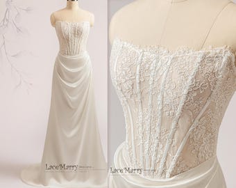 BETHANY / Lace Bodice Satin Wedding Dress: Basque Waist Ivory Gown