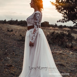 Beautiful Boho Style Wedding Dress with Long Lace Sleeves Featuring Illusion Neckline and Back with Buttons Through and Airy Tulle Skirt image 6