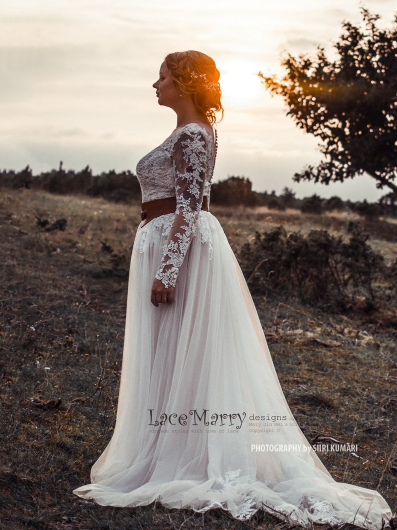 Beautiful Boho Style Wedding Dress with Long Lace Sleeves Featuring Illusion Neckline and Back with Buttons Through and Airy Tulle Skirt image 6