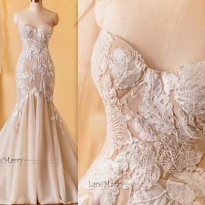 SUDE / Mermaid Strapless Wedding Dress with Amazing Flower Appliques and Hand Beading, Colored Wedding Dress, Custom Made Wedding Dress