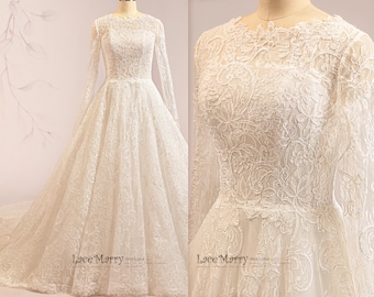 ARINA / Magnificent Ivory Lace Wedding Dress: Long Sleeves, Cathedral Train