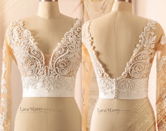 TIA / Beaded Bridal Bolero: Ivory Lace Wedding Crop Top with Long Sleeves