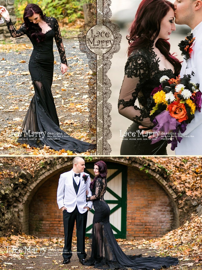 Black Wedding Dress with Sheer Open Back, Buttons and Long Sleeves in Floor Length with Transparent Slits and Train Renewal Dress image 6