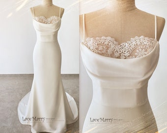 MILIANNA / Minimalist Wedding Dress with Lacy Neckline and Fitted Silhoutte, Plain Wedding Dress with Thin Straps, Wedding Dress Plain