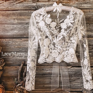 ERIKA #5 / Boho Wedding Topper, Bohemian Lace Crop Top, Wedding Separates, Bridal Lace Bolero, Plus Size Bolero, Wedding Dress