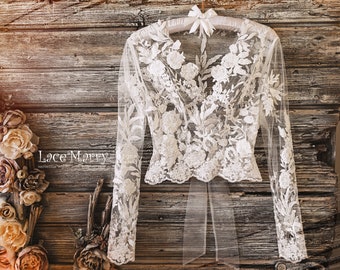 ERIKA #5 / Boho Wedding Topper, Bohemian Lace Crop Top, Wedding Separates, Bridal Lace Bolero, Plus Size Bolero, Wedding Dress