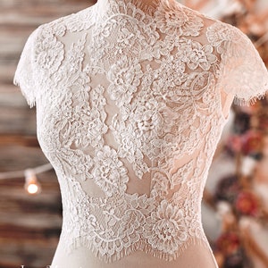 High Collar Bridal Lace Top with Horsehair A Line Glitter Skirt, Boho Wedding Dress, Bridal Skirt, Glitter Bridal Skirt, Cap Sleeves Top Only Lace Top