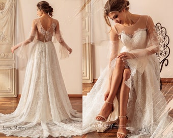 BLAIRE / A Line Lace Wedding Dress with Long Sleeves, Boho Illusion Wedding Dress with Sleeves, Unuqie Lace Wedding Dress