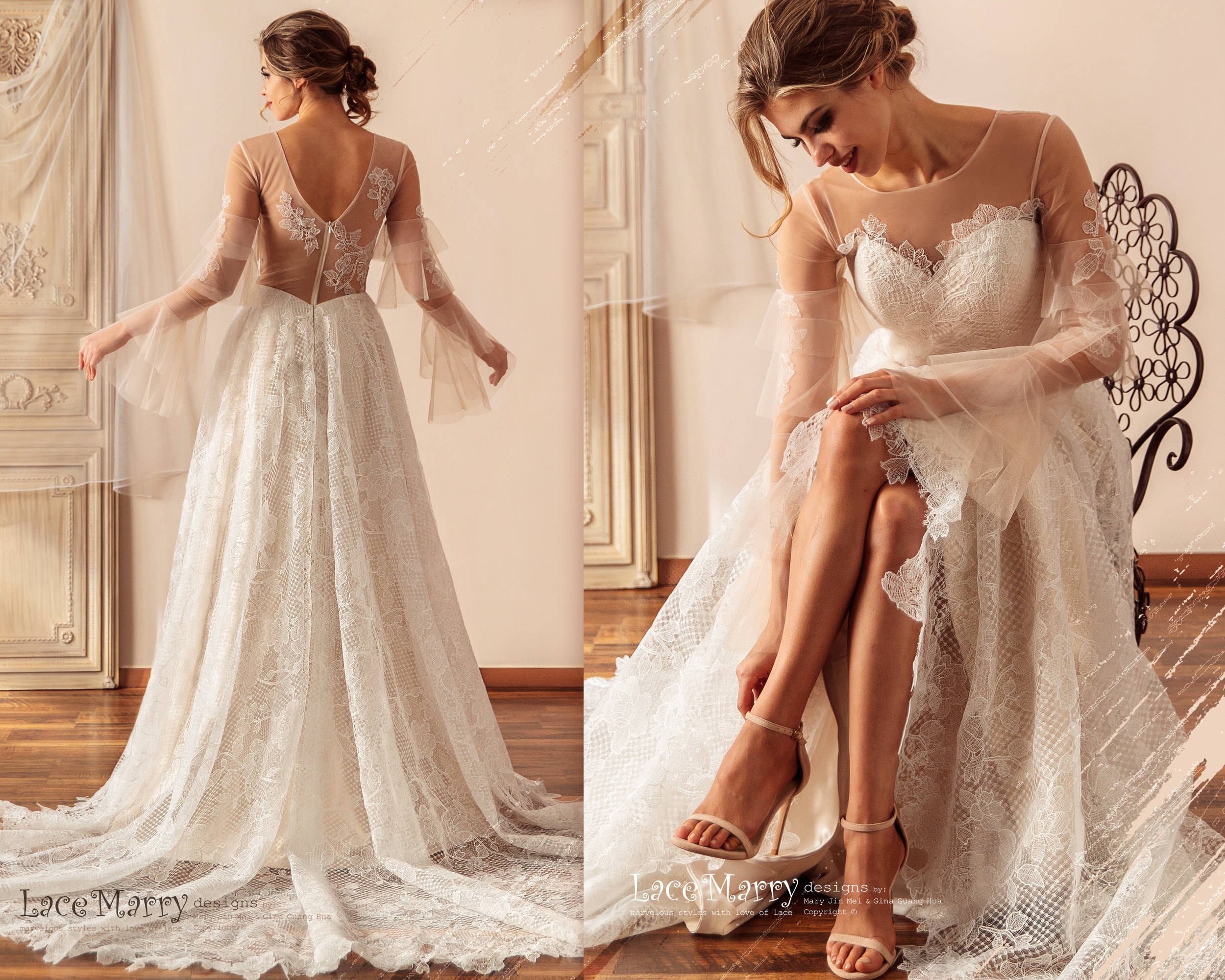 BLAIRE / A Line Lace Wedding Dress with Long Sleeves, Boho Illusion Wedding Dress with Sleeves, Unuqie Lace Wedding Dress
