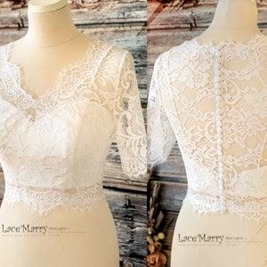 KEROLAINE #1 / Light and Soft Lace Bolero with Short Sleeves, V Neck Lace Topper, Bridal Lace Crop Top, Light Lace Topper with Bustier