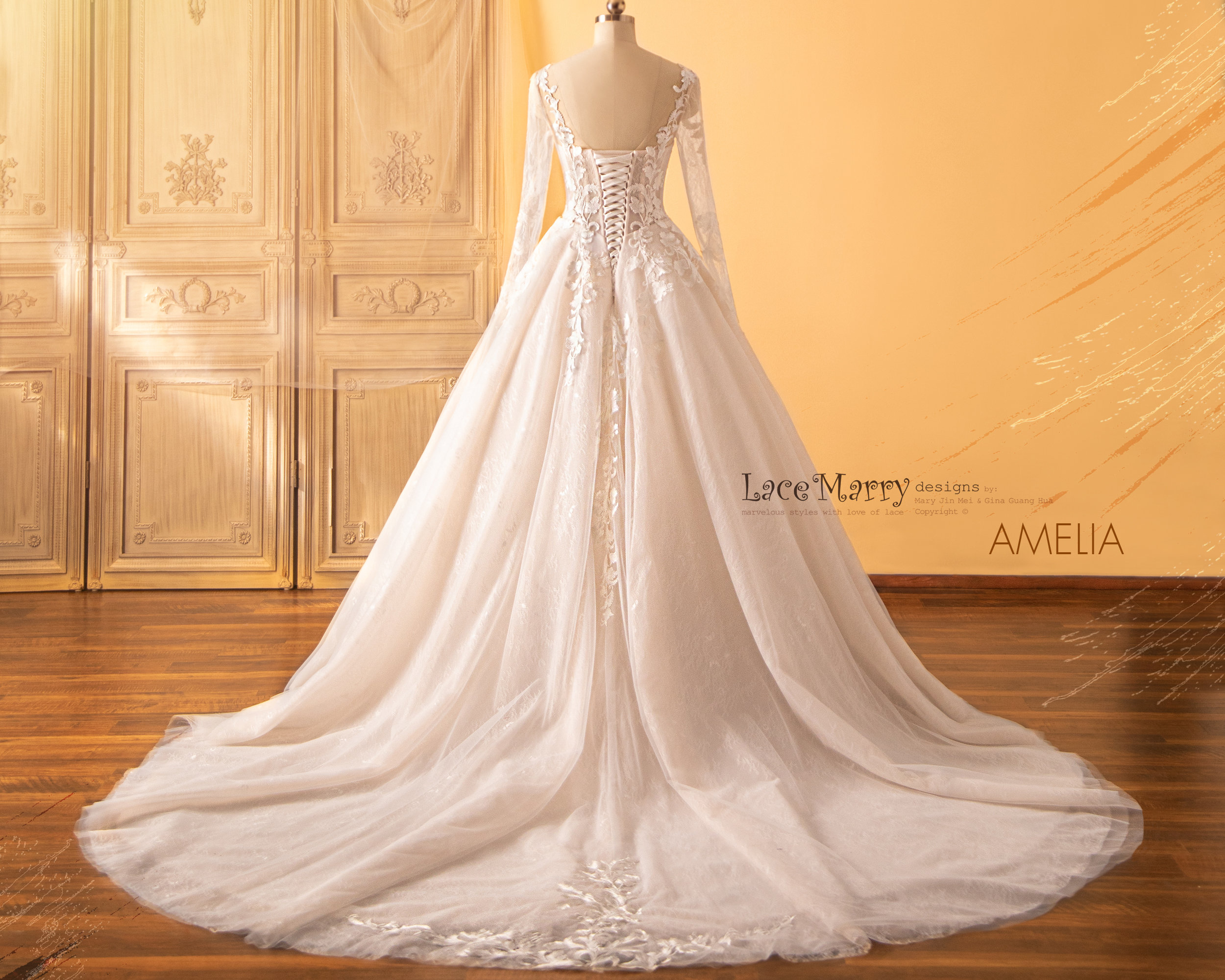 AMELIA / Lace Applique A-line Wedding Dress: Long Sleeves, Lace-up