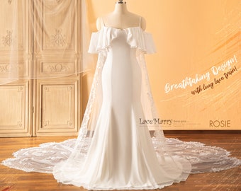 ROSIE / Off Shoulder Wedding Dress with Built-in Lacy Train, Plain Wedding Dress with Lace Train, Plus Size Wedding Dress, Bridal Gown