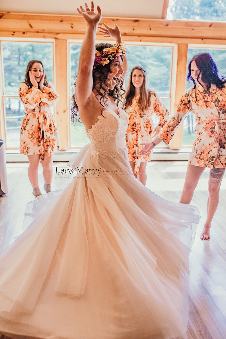 Rose Gold Beach Wedding Dress with Sweetheart Neckline and Tulle Skirt Featuring Spaghetti Straps and Beautiful Floral Lace on the Bodice image 3