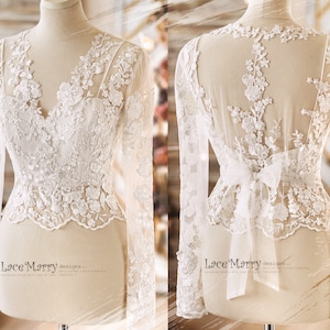 ERIKA #6 / Bridal Lace Topper with Long Sleeves, Bridal Bolero and Bustier Set, Wedding Top, Bridal Crop Top, Wedding Dress, Lace Bolero