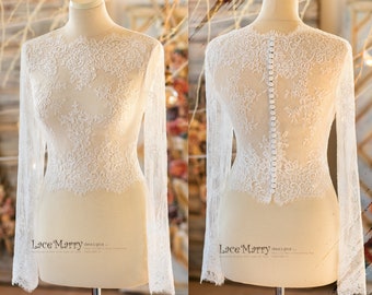 MAGNOLIA #3 / Lace Bolero with Long Sleeves, Bridal Lace Topper with Long Lace Sleeves and High Neck, Bridal Lace Crop Top with Sleeves